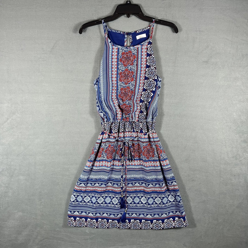 C-Red Women's Small S Blue Red White Halter Neck Drawstring Waist Mini Dress